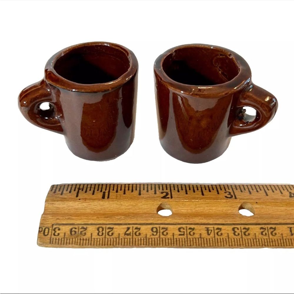 2 Old Vintage Miniature Dollhouse Mugs Brown REDWARE  Mini Ceramic Toy Cups